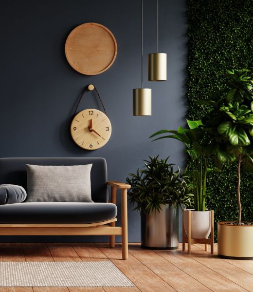 Modern interior of living room with sofa on wood flooring and dark blue wall- 3D rendering